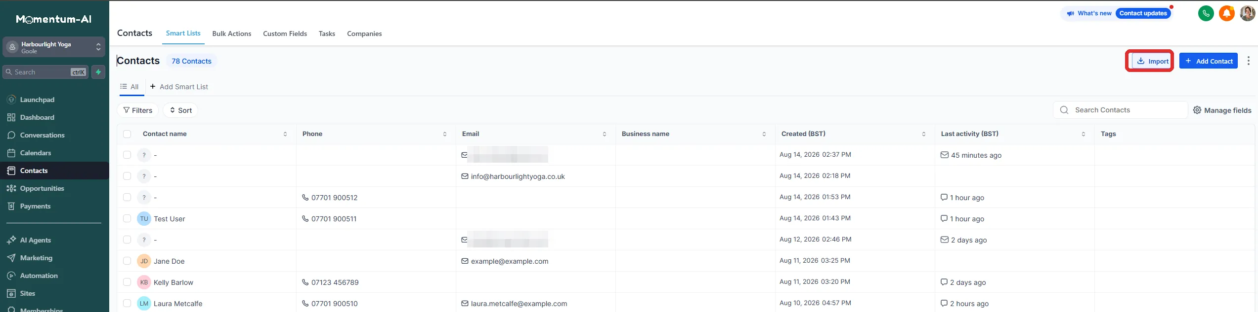 The Contacts list with the Import button in the top toolbar.