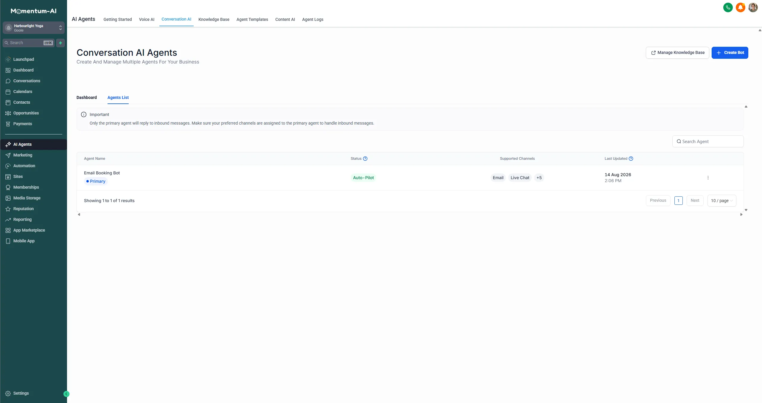 The Conversation AI agents list, with the primary agent already set to Auto-Pilot