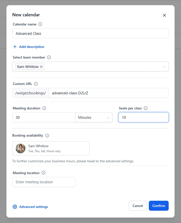 The Meeting Details screen where a calendar gets its name, description and duration.