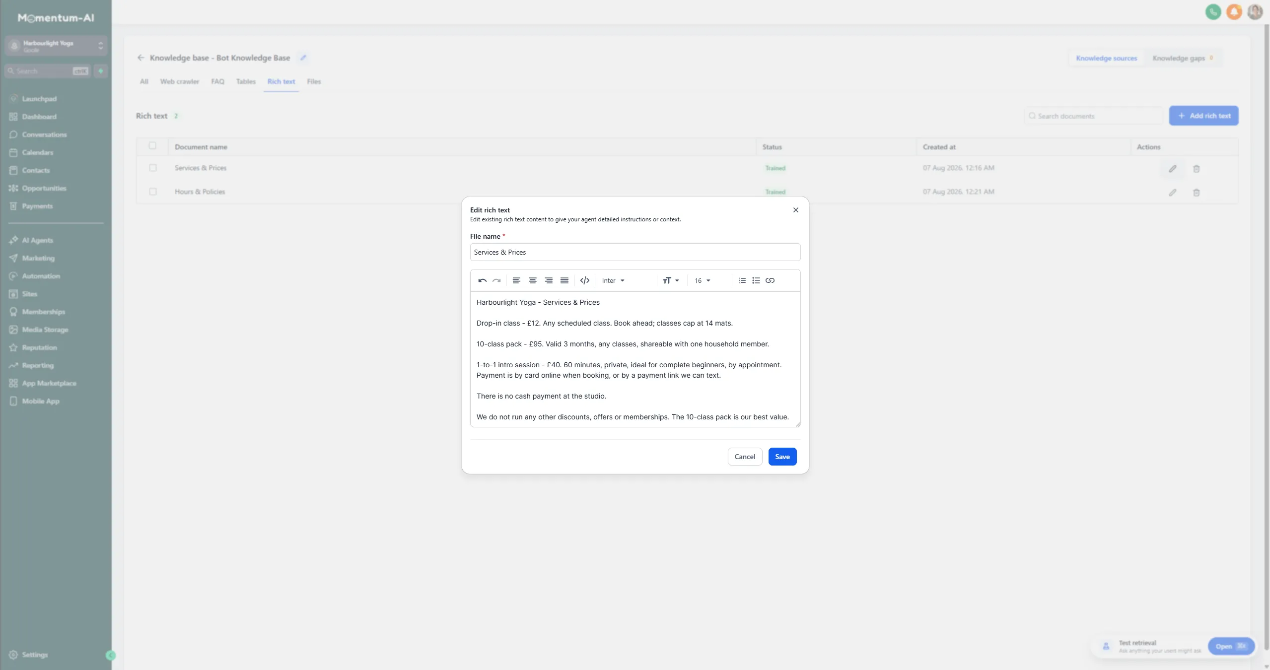 A Services & Prices document open in the knowledge base, with real prices and policies entered