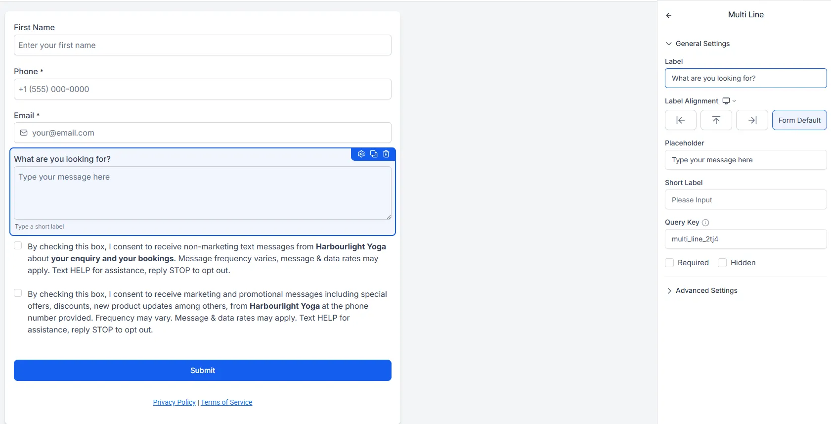 The trimmed form with just first name, phone, email and one open question, “What are you looking for?”.