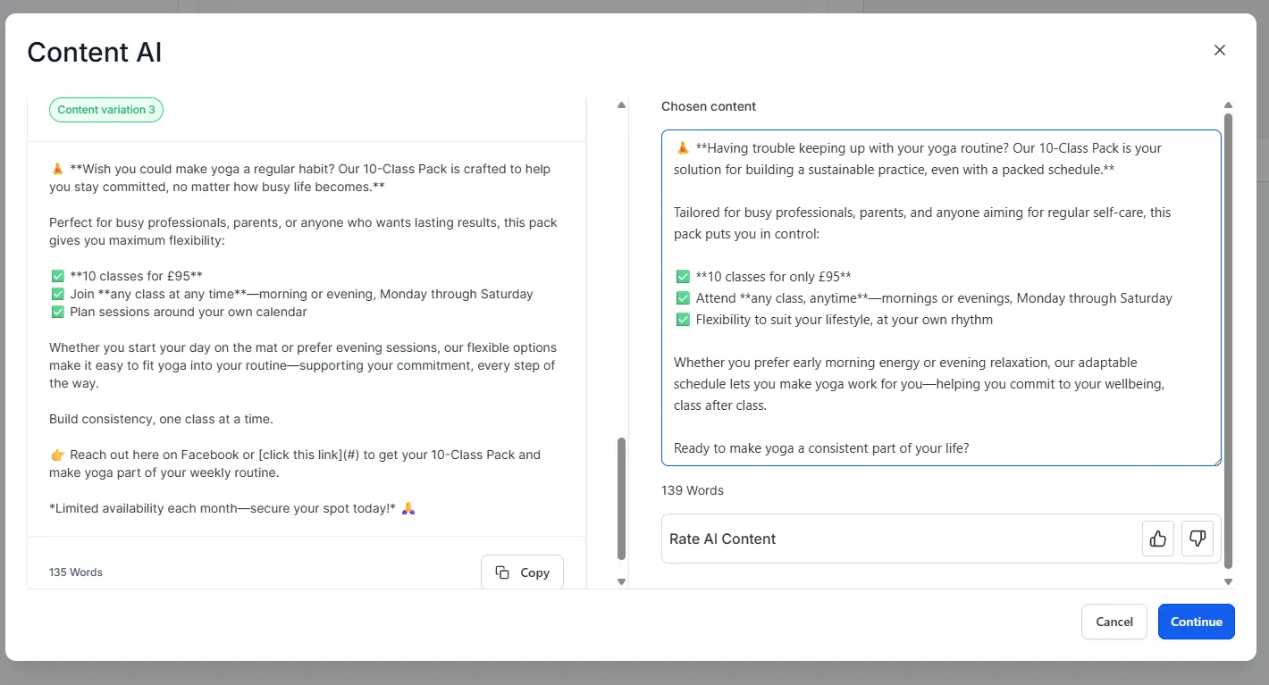 The Content AI result screen after a social brief, with content variations on the left and the chosen post on the right.