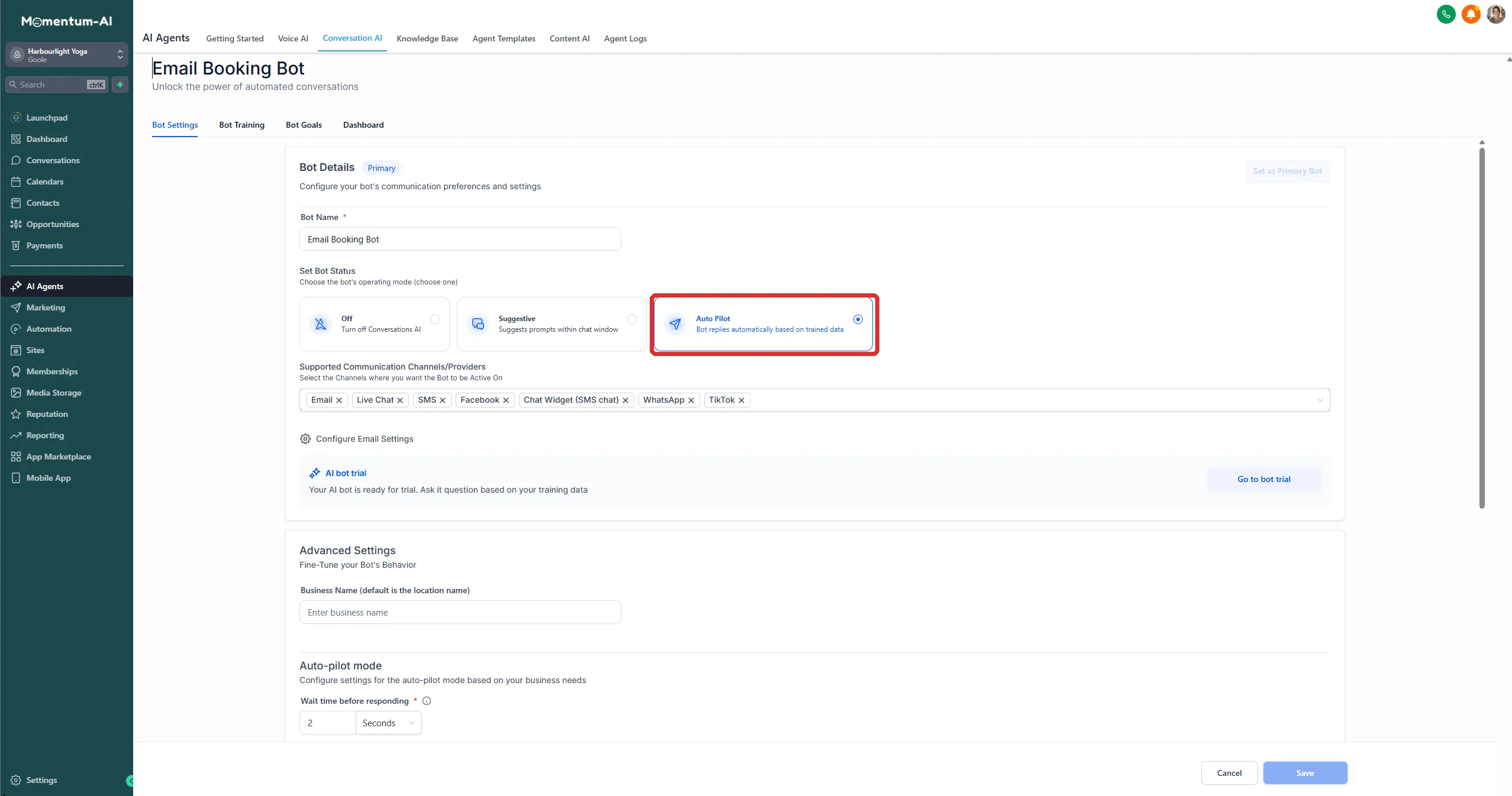 The Bot Settings tab with the mode switched to Auto Pilot