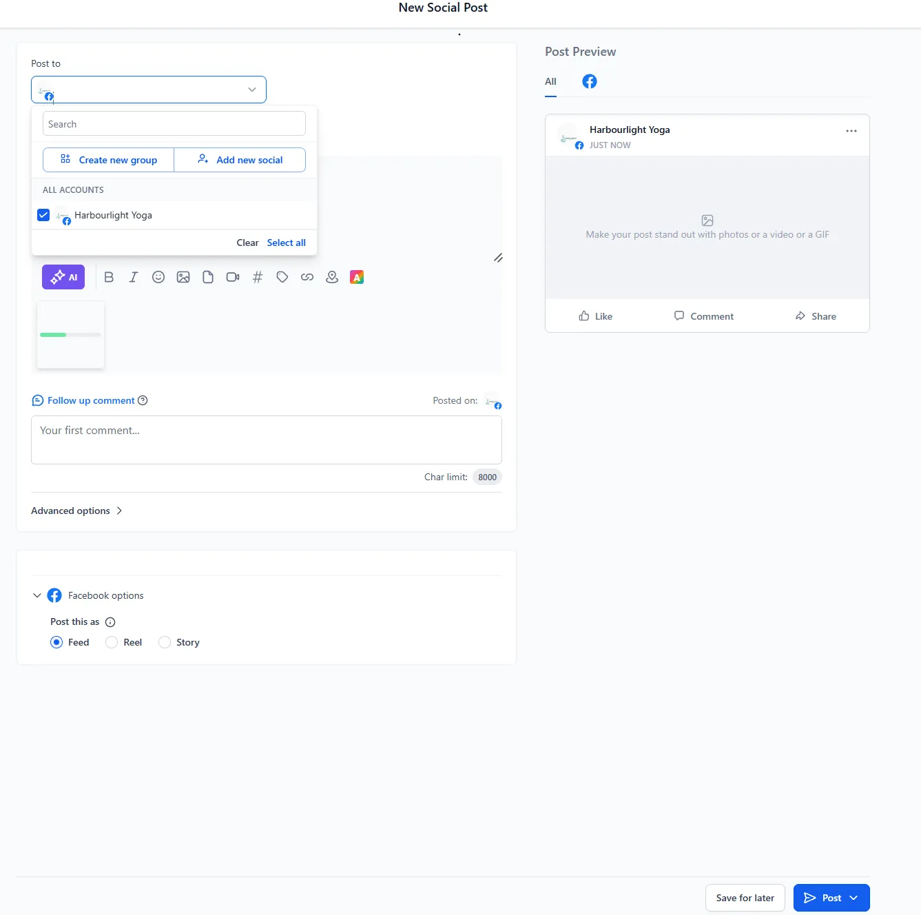 The Post to picker with the connected account ticked and the per-platform preview on the right.