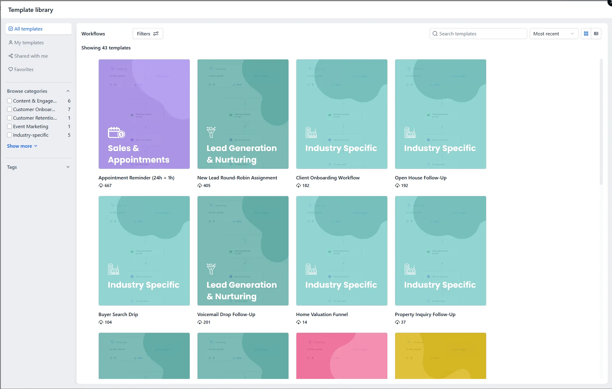 The template library for new workflows, with ready-made recipes grouped by category.