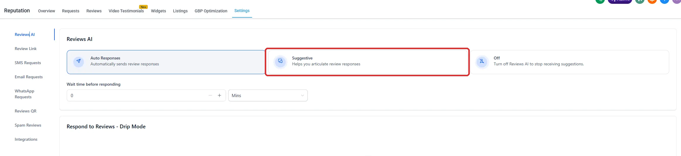 The Reviews AI settings with the Suggestive mode highlighted, alongside Auto Responses and Off.