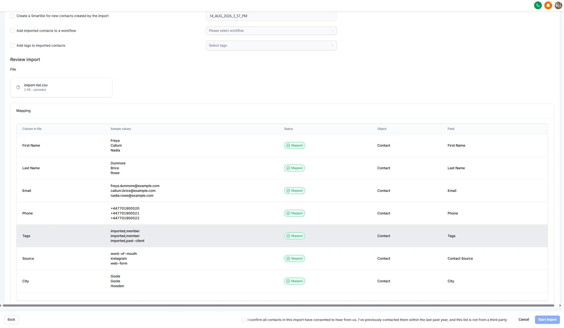 The final Verify step, with preferences for smart lists, workflows and tags above the review summary and the Start Bulk Import button.