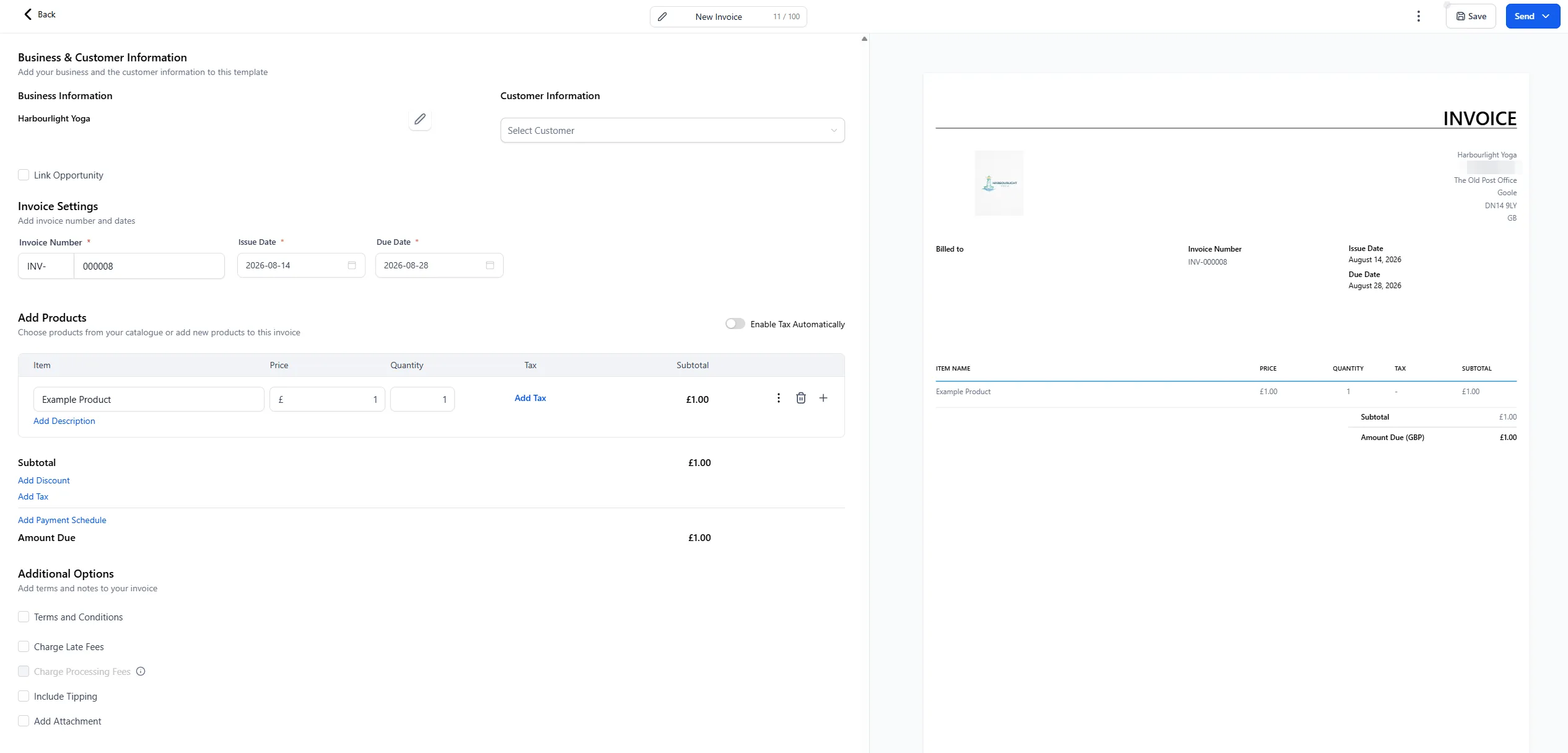 The invoice builder with business details, invoice settings and line items on the left, a live preview of the finished invoice on the right, and Save and Send at the top.