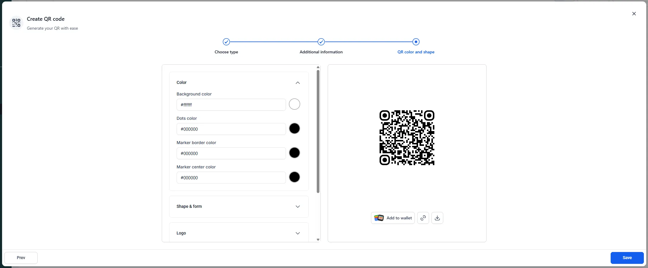 The QR code generator with colour options on the left and a live preview with a download control on the right.