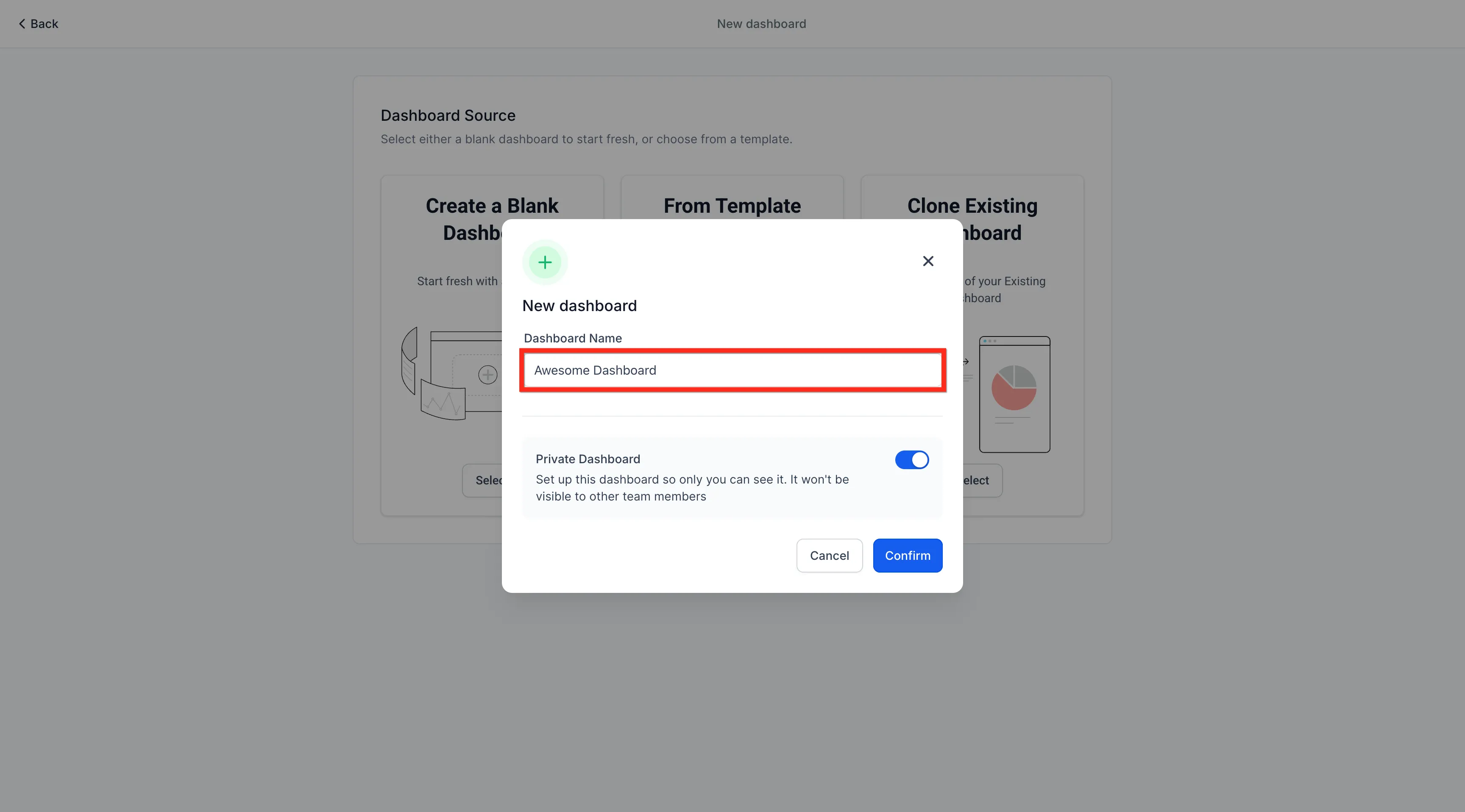 The new dashboard window with the name field highlighted; yours will say Weekly Check-In.