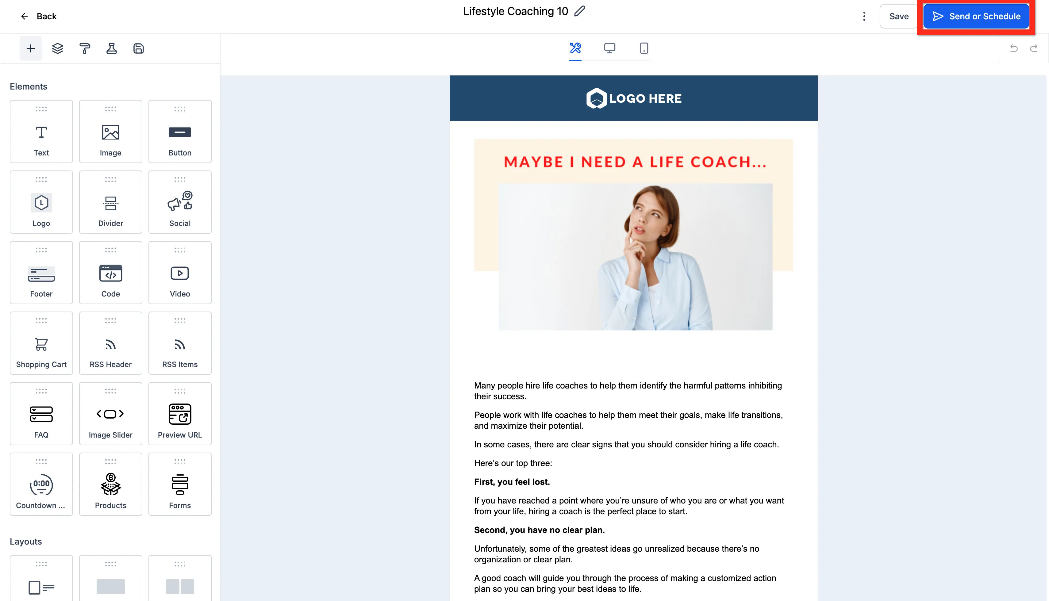 The email editor with the Send or Schedule button highlighted in the top corner.