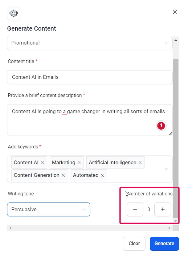 A completed brief with title, description and keywords, and the number-of-variations picker highlighted.