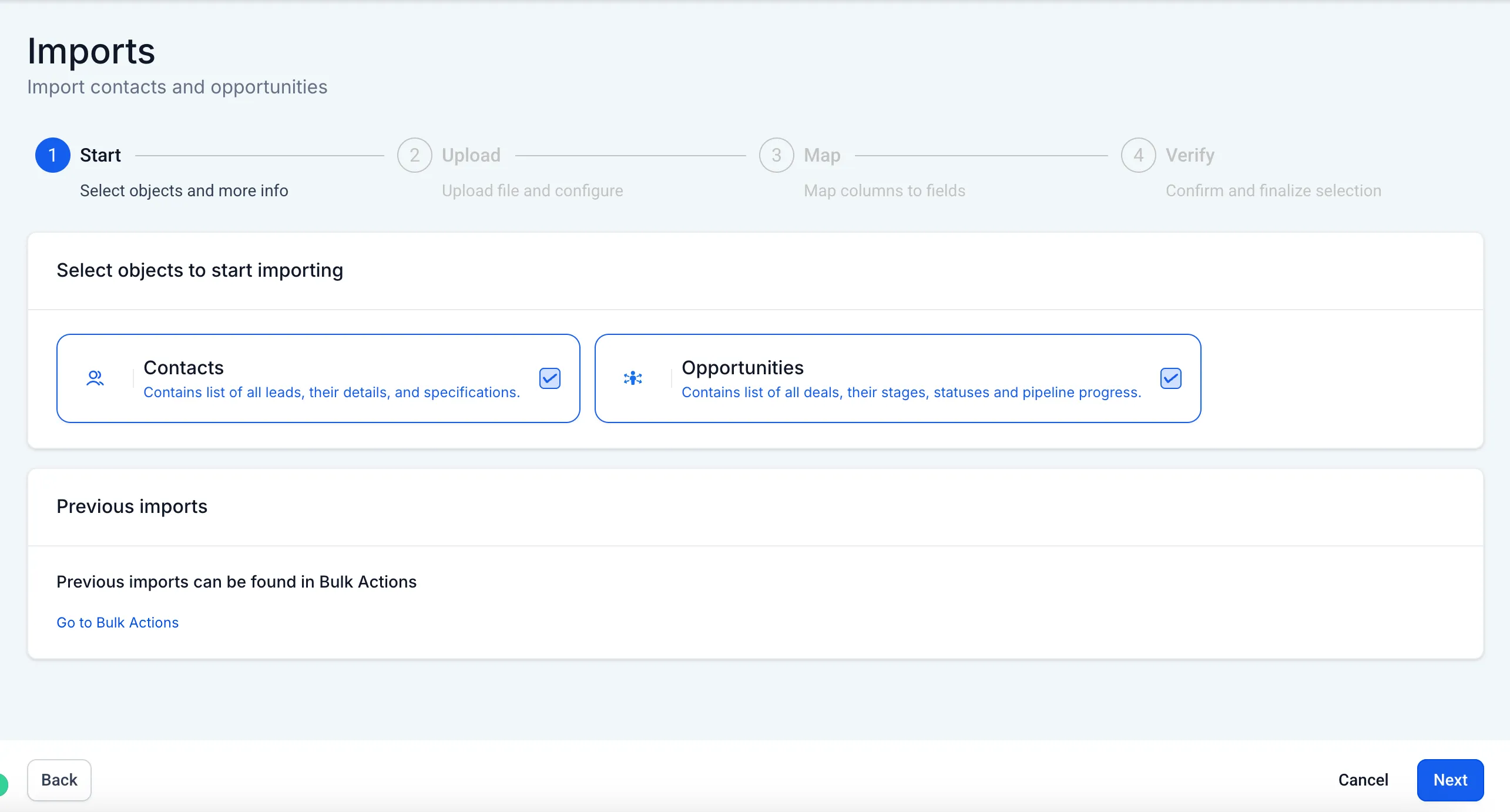 The Imports wizard’s first step, with Contacts selected as the object to import.