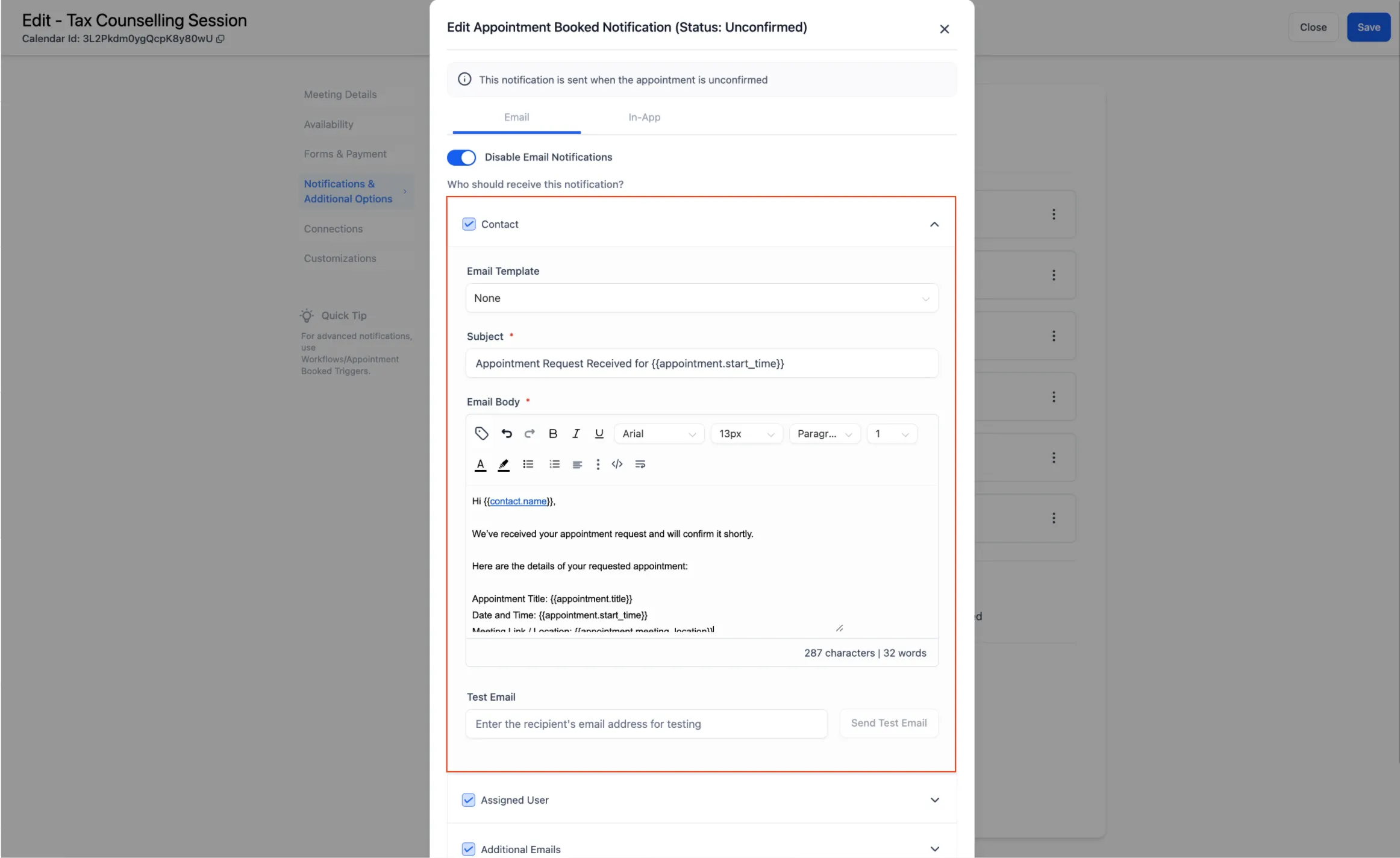The notification editor for a calendar: recipient toggles, the subject and email body with merge fields, and a test-email option.