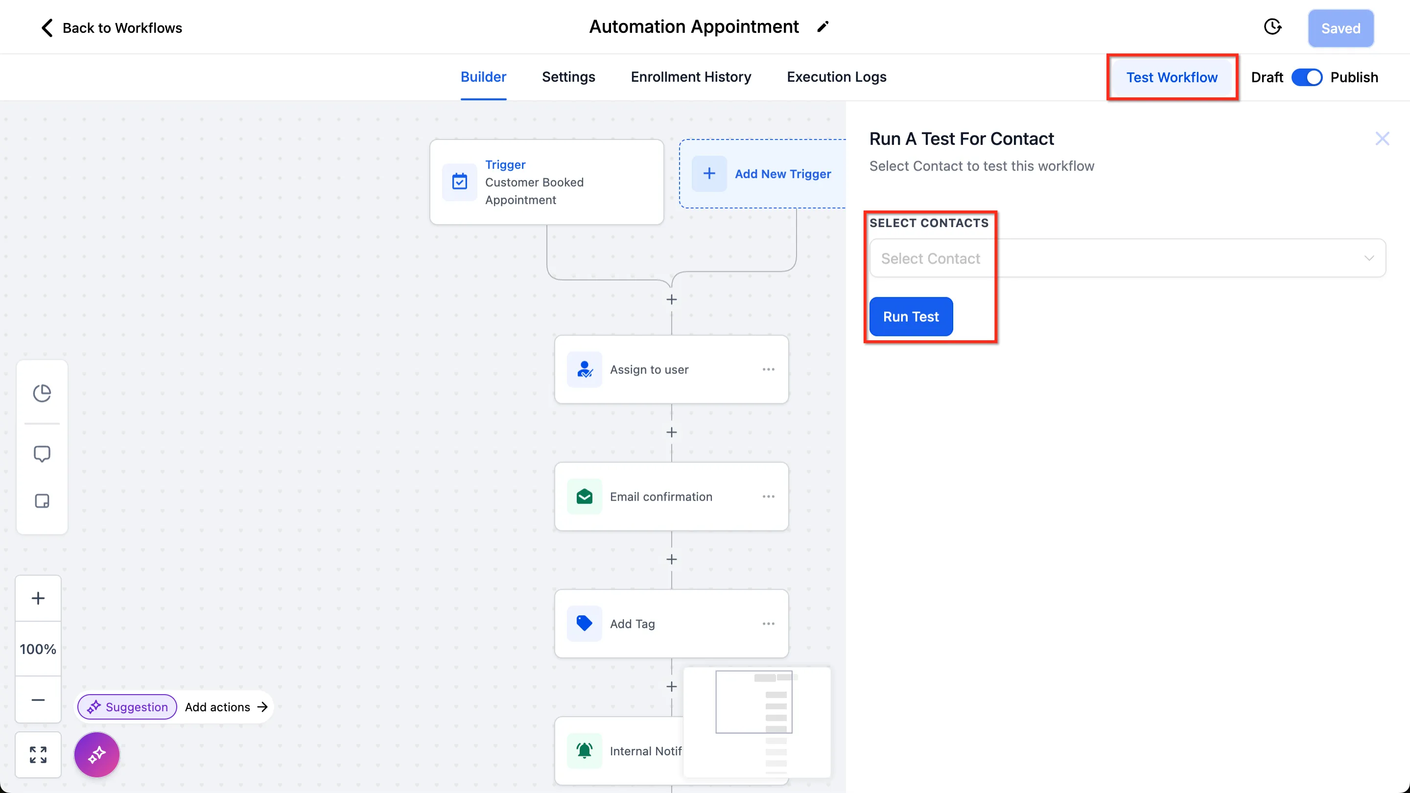 The run-a-test panel with the contact picker and Run Test button, reached from the Test Workflow control.